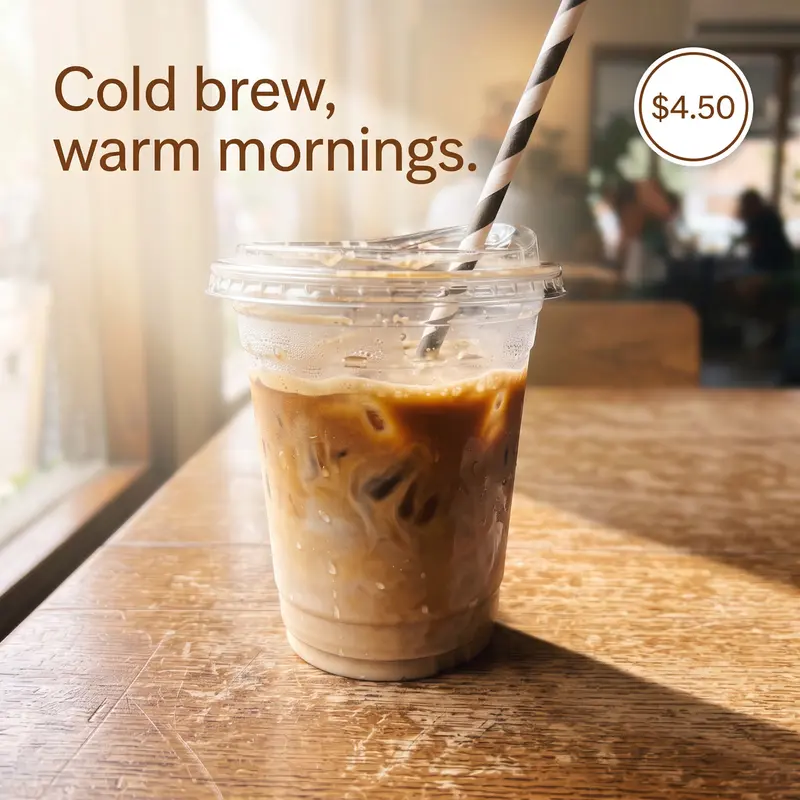 A square ad: the same latte re-lit on a sunlit café table with a headline and a price badge