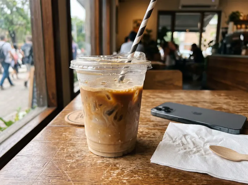A phone photo of an iced latte on a café table