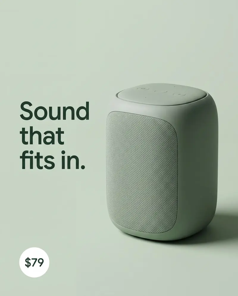 The speaker re-lit on a studio backdrop with a headline and a price