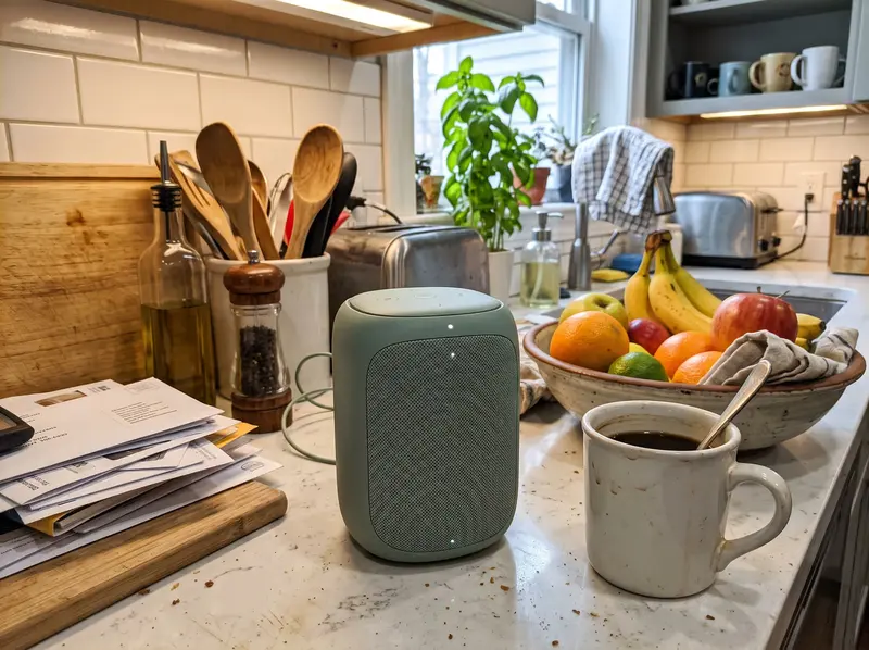 A phone photo of a speaker on a kitchen counter