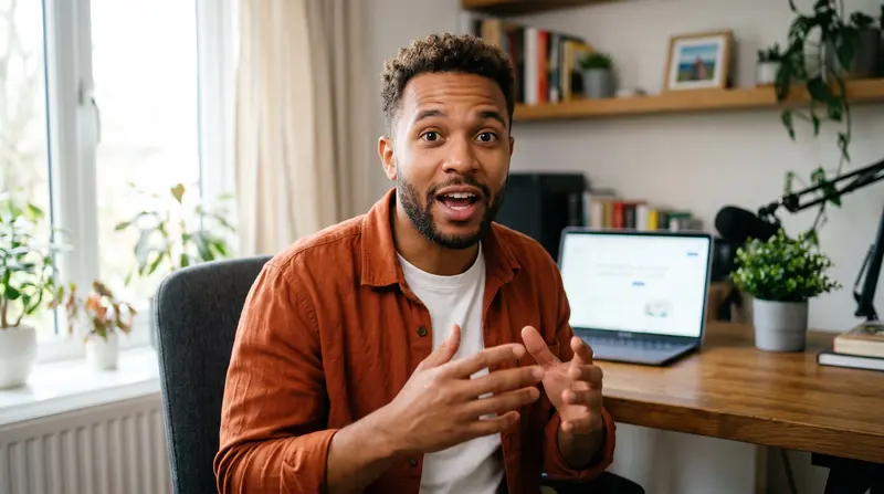 A creator mid-sentence at his desk, paused in a video editor