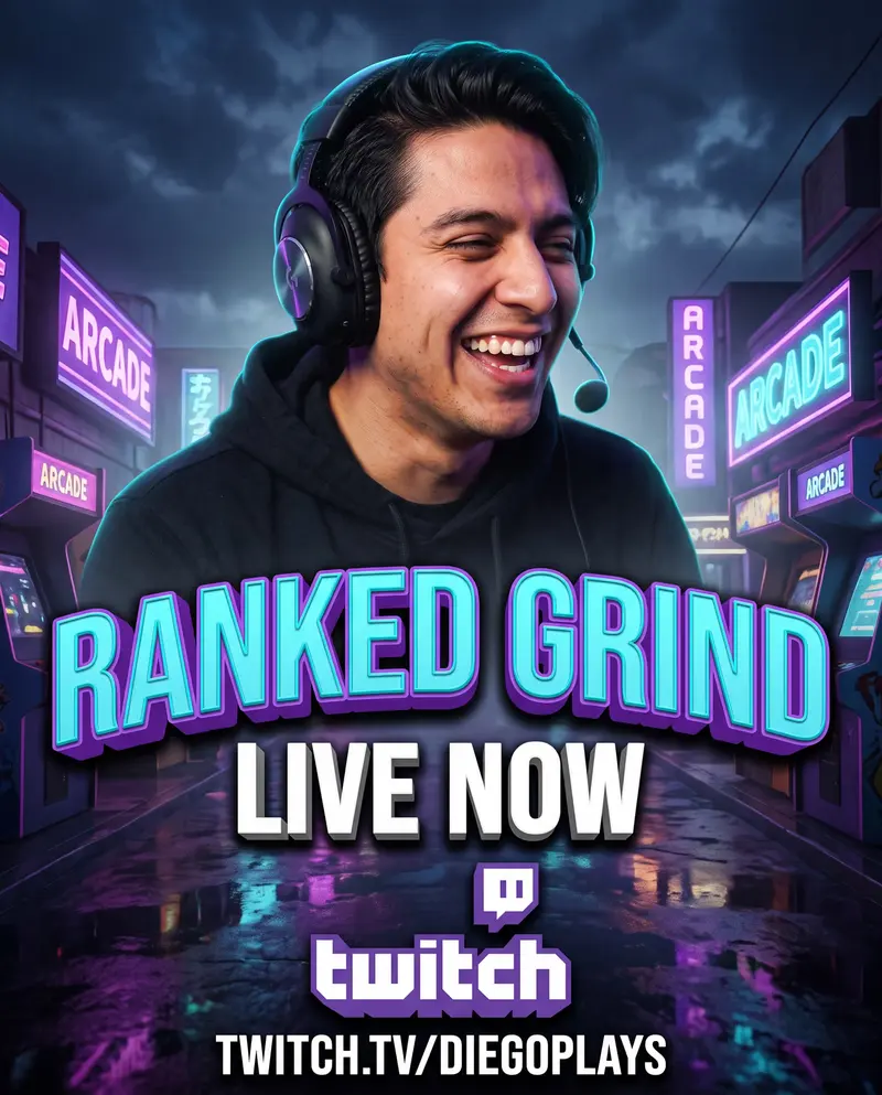 A portrait poster with the streamer, "RANKED GRIND", LIVE NOW and the Twitch logo