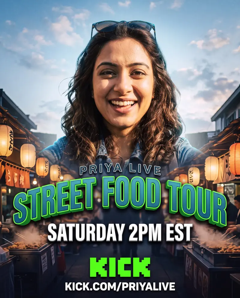 A portrait "going live" poster with the streamer cut out over a night market and huge 3D title