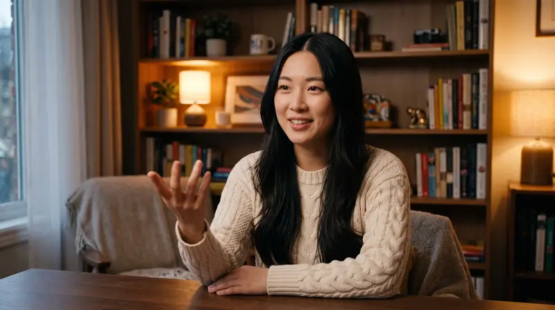 A paused video frame of a creator explaining something in her apartment